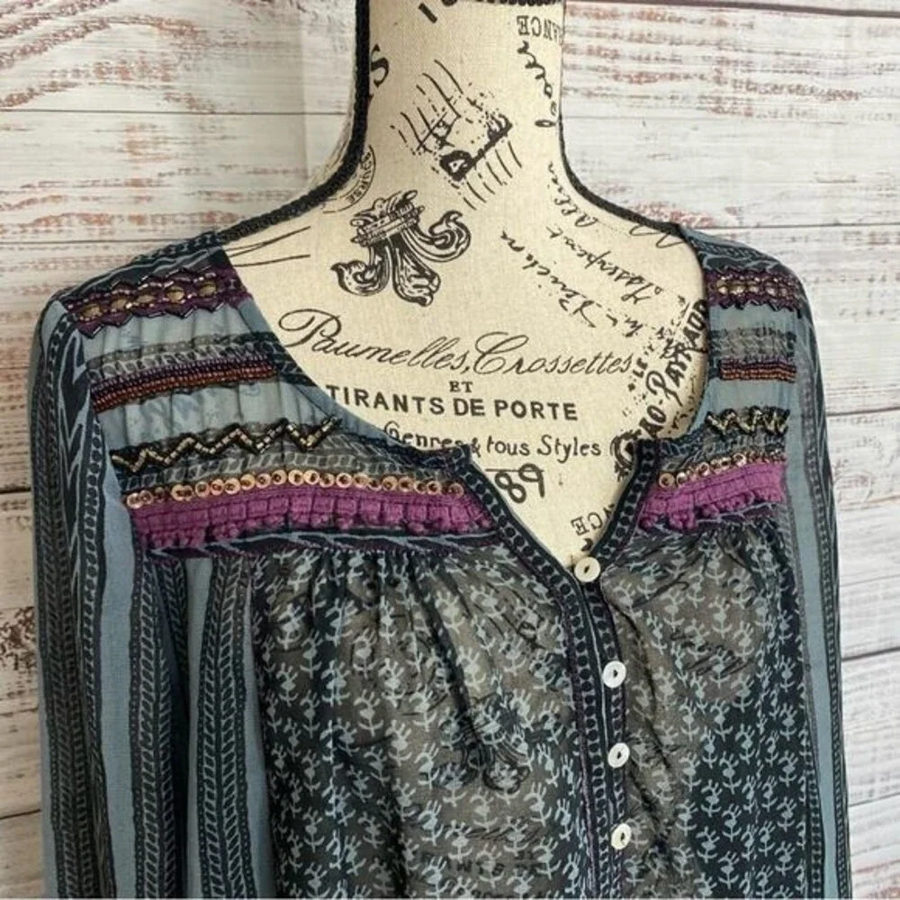 Free People Boho Beaded Embroidered Tunic Blouse Sheer Long Sleeve Print Pockets